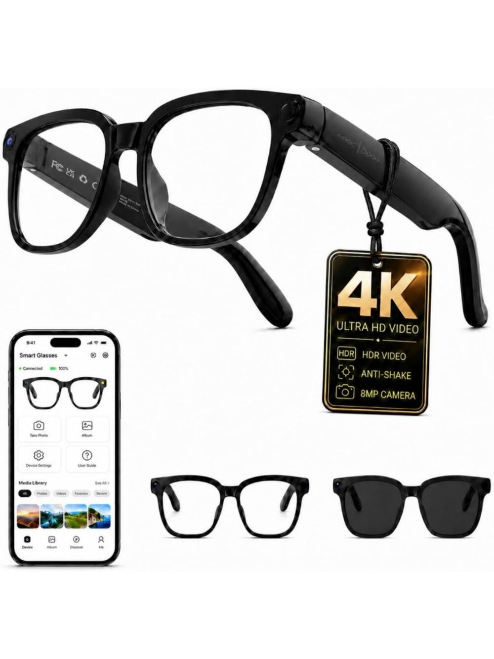 4K Smart Glasses with Camera - AI Technology, Anti-Shake Video & Photo Capture